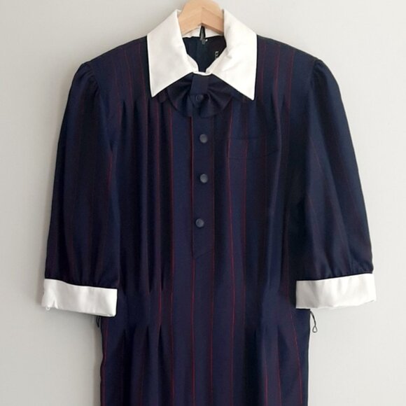 NINA RICCI Retro Maxi Length Long Pin-Stripe Dress White Collar Navy Blue Sz 12 - Picture 2 of 16